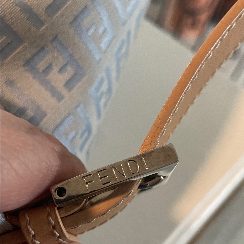Fendi Light Blue Monogram Shoulder Bag with Tan Leather Strap -Zucchino - Picture 6 of 15